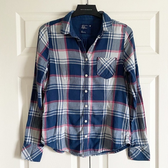 American Eagle Outfitters Tops - American Eagle Plaid Blue White Pink Button Down